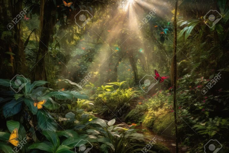 foresta pluviale lussureggiante con fauna selvatica