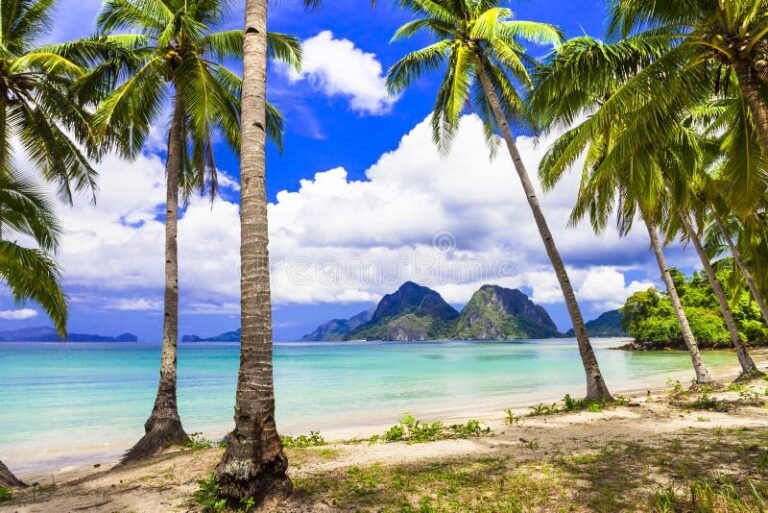 paesaggio tropicale con spiagge e montagne
