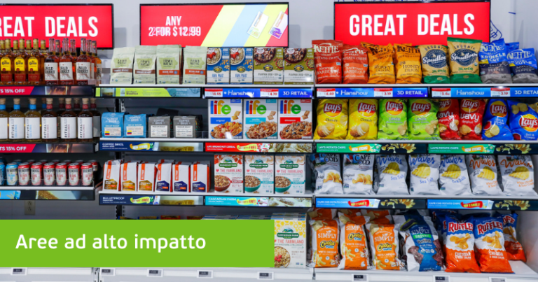 scaffale con prodotti in offerta supermercato