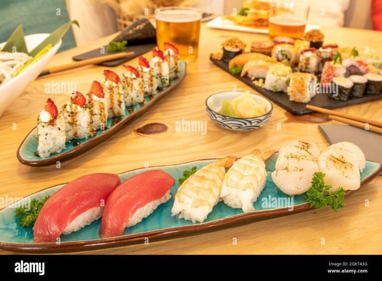una tavola elegante con sushi assortito